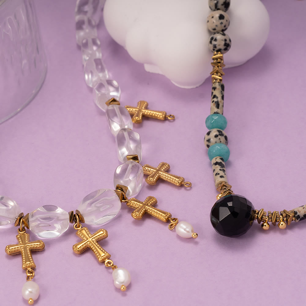 Olivenorma Dalmatian Jasper Clear Crystal Beaded Cross Pendant Necklace
