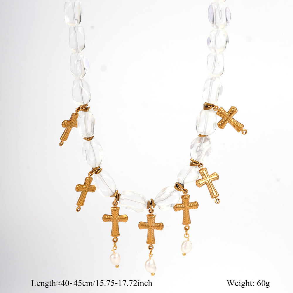 Olivenorma Dalmatian Jasper Clear Crystal Beaded Cross Pendant Necklace