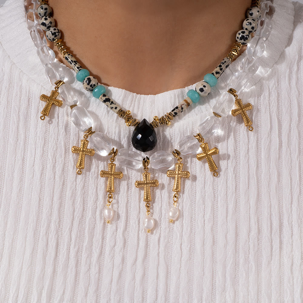 Olivenorma Dalmatian Jasper Clear Crystal Beaded Cross Pendant Necklace