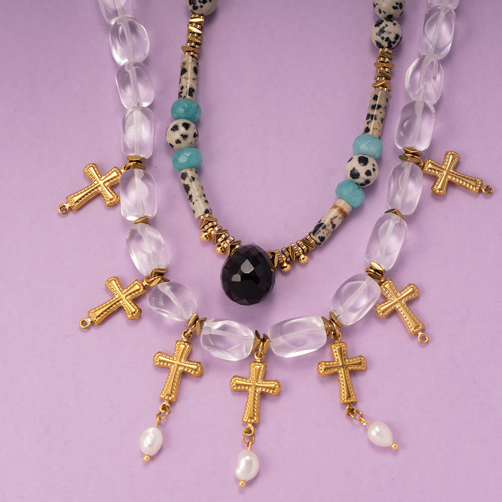 Olivenorma Dalmatian Jasper Clear Crystal Beaded Cross Pendant Necklace