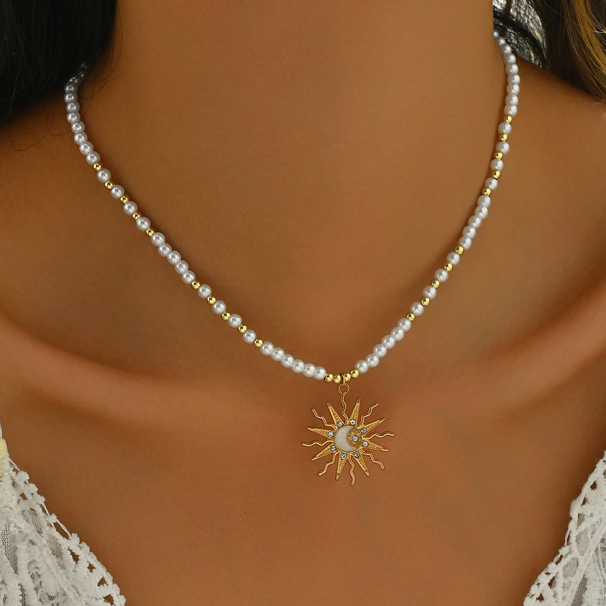 Olivenorma Natural Crystal Beads Sun Evil Eye Pendant Necklace