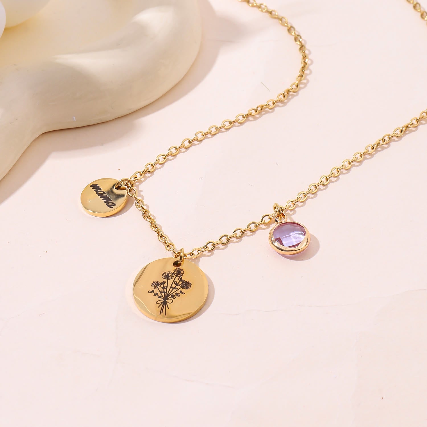 Olivenorma Custom Birth Flower Birthstone Stainless Steel Necklace