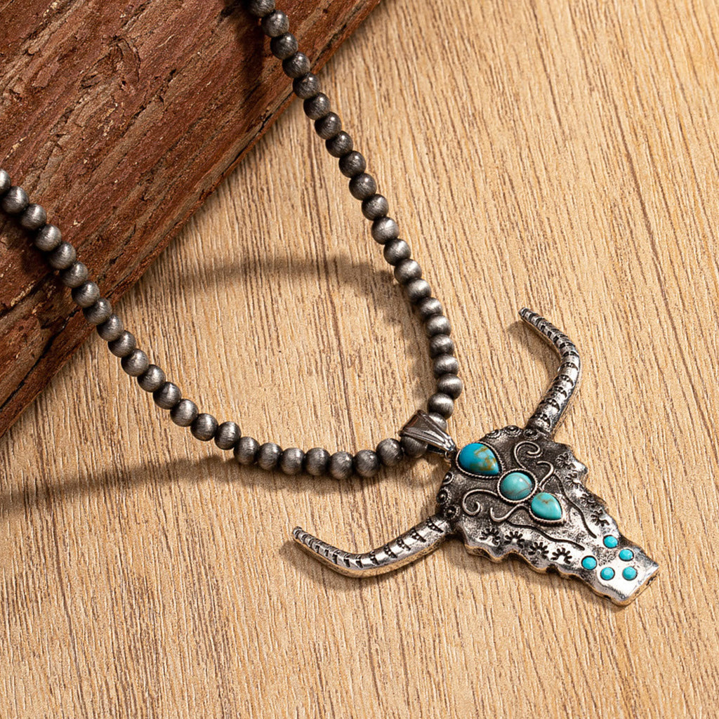 Olivenorma Natural Stone Beads Turquoise Bull Head Pendant Necklace