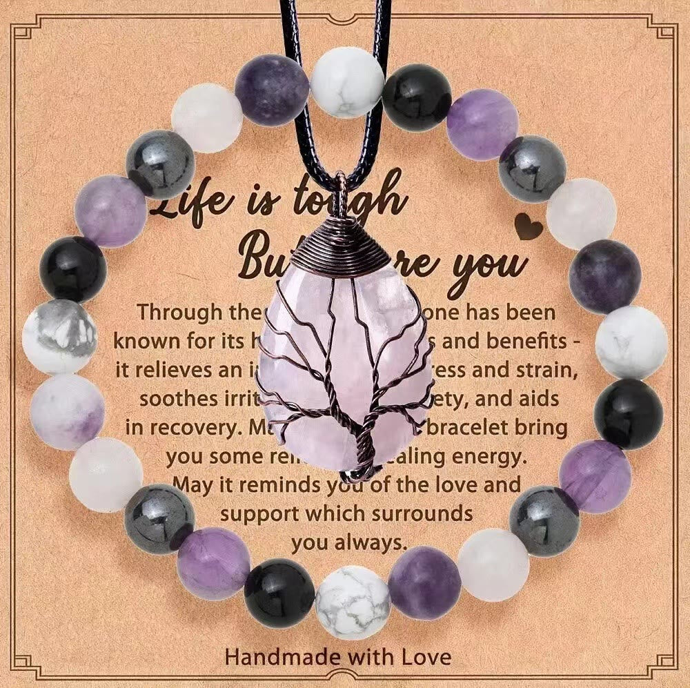 Olivenorma "Life Is Tough, But So Are You" Healing Gemstone Bracelet Necklace Jewelry Set