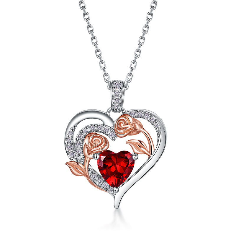 Olivenorma Double Roses Flower Heart Birthstone Gift Card Necklace