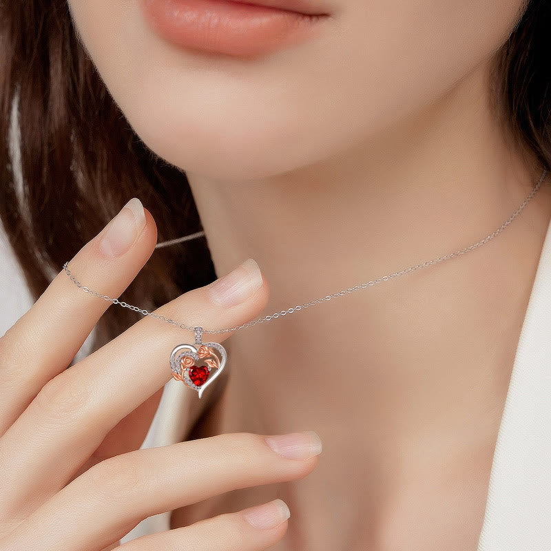 Olivenorma Double Roses Flower Heart Birthstone Gift Card Necklace