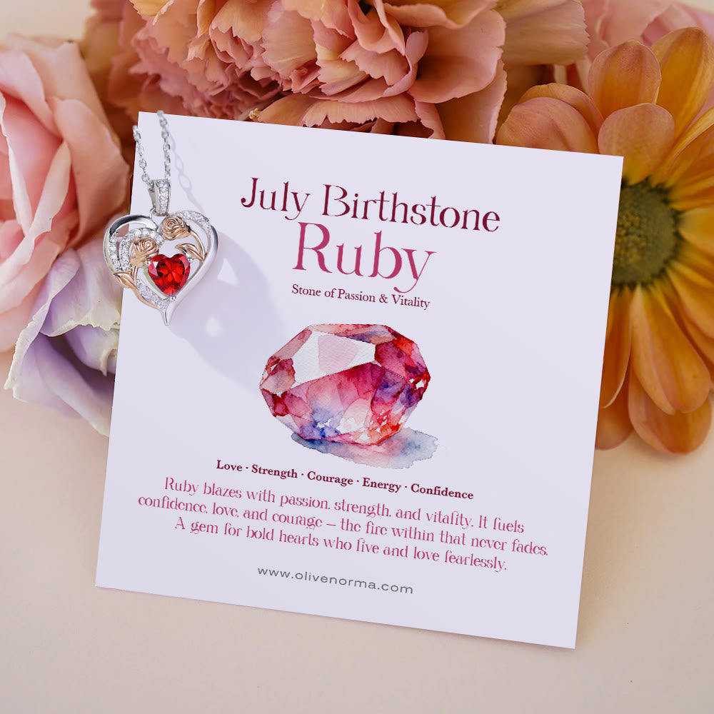 Olivenorma Double Roses Flower Heart Birthstone Gift Card Necklace