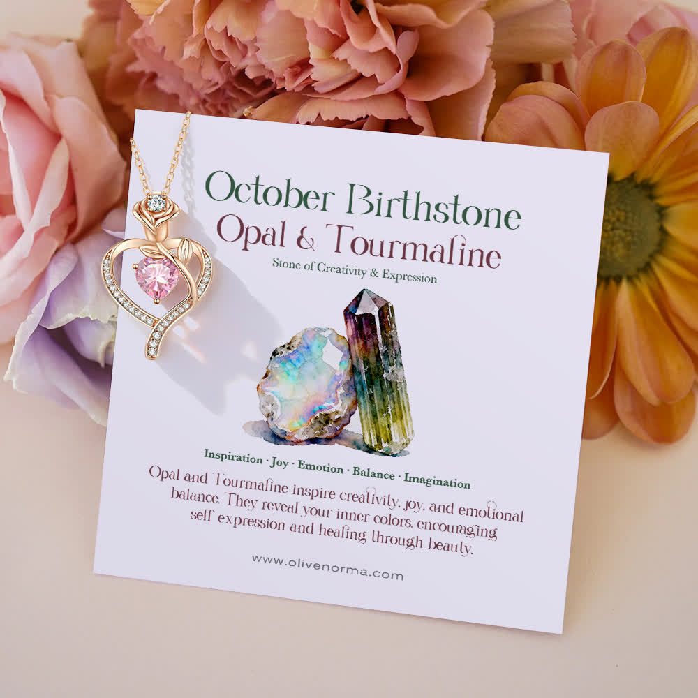 Olivenorma Rose Flower Love Heart Birthstone Gift Card Necklace