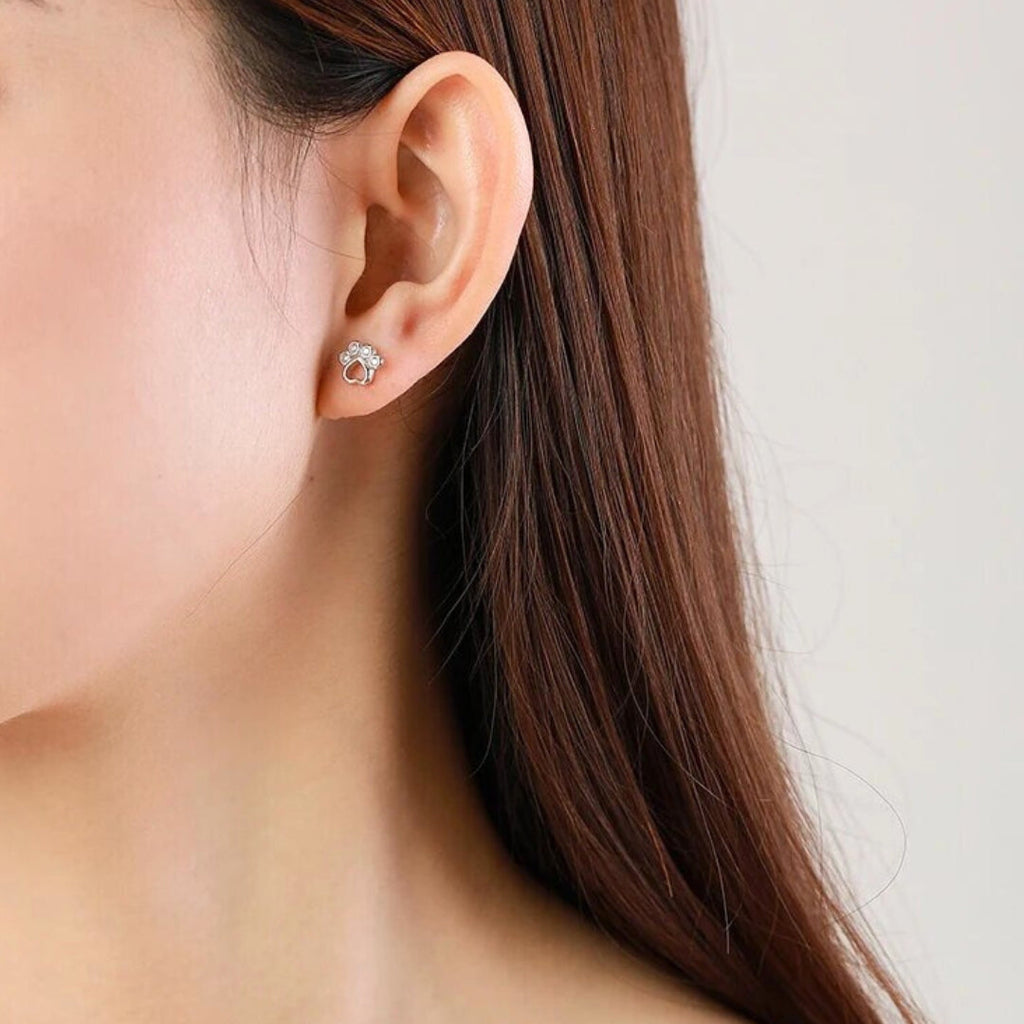 Paw Stud Earrings Silver With Zirconia