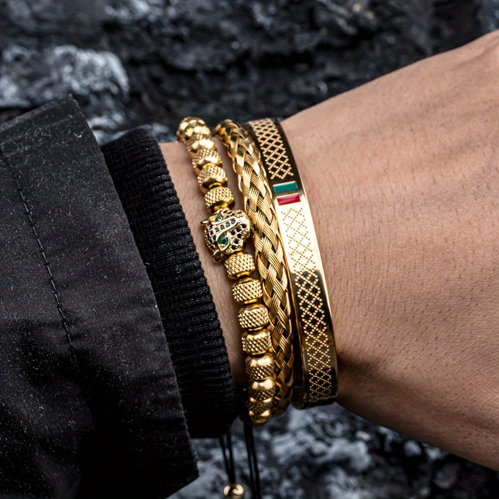 Men's Braided CZ Leopard Head Bracelet Stainless Steel Jewelry