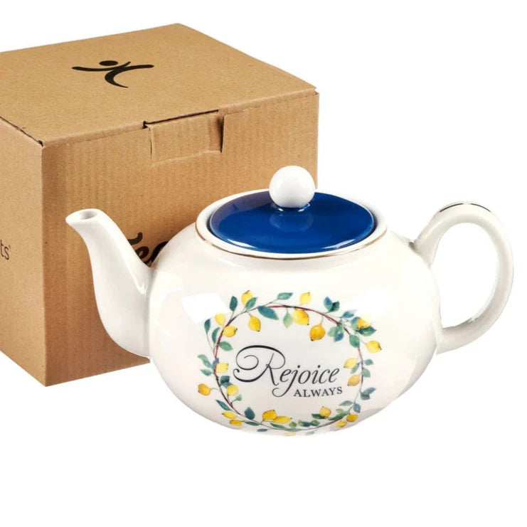 Blue "Rejoice" Ceramic Teapot