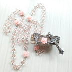 Olivenorma Rose Quartz Jesus Cross Pendant Rosary Necklace
