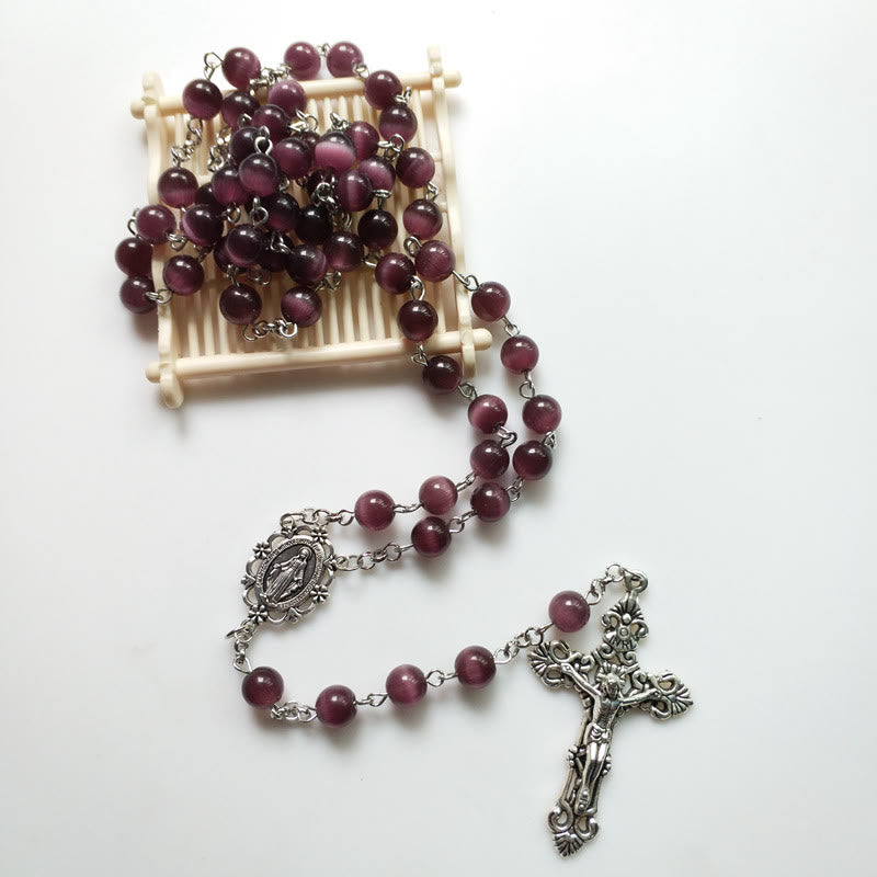 Olivenorma Purple Cat's Eye Stone Cross Rosary Necklace
