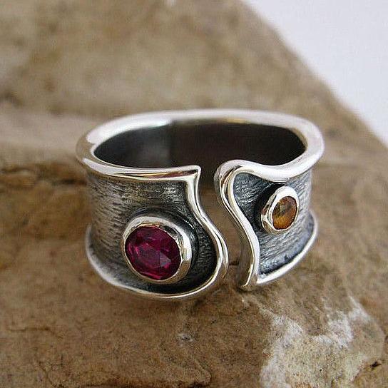 Vintage Silver Red & Orange Crystal Ring