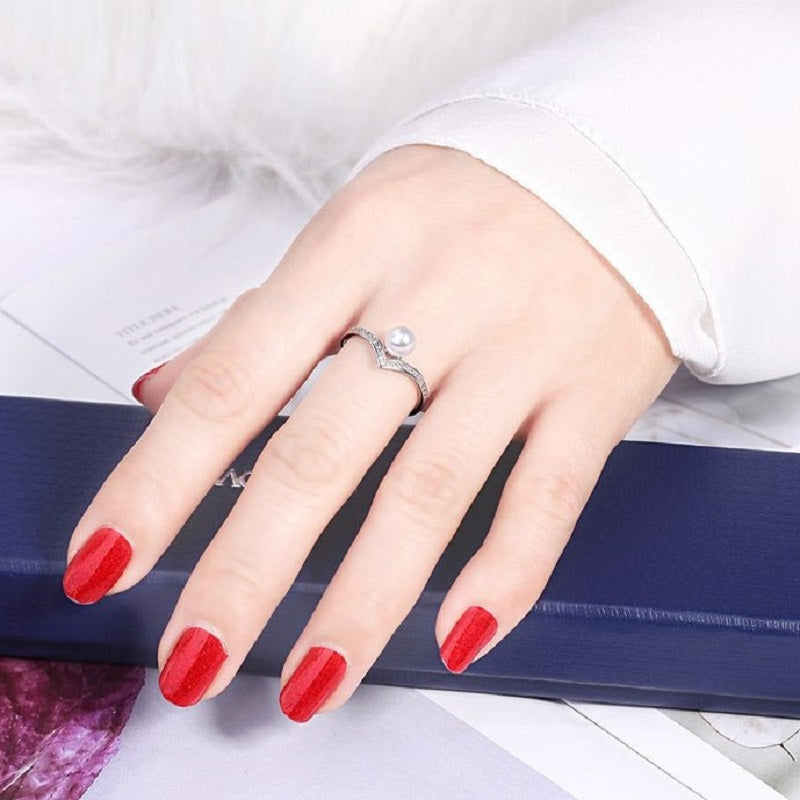 Women's Faux Pearl Wishbone Luck Ring Studded With Cubic Zirconia