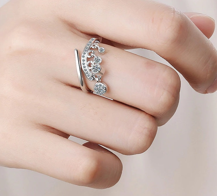 Women's Silver Plated Adjustable Zircon Drop Pendant Ring