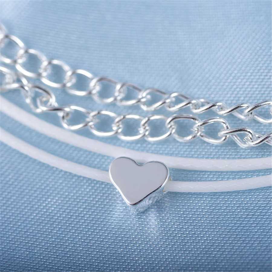 Bohemian Multi Strand Ankle Bracelet For Women With Silver Plated Heart