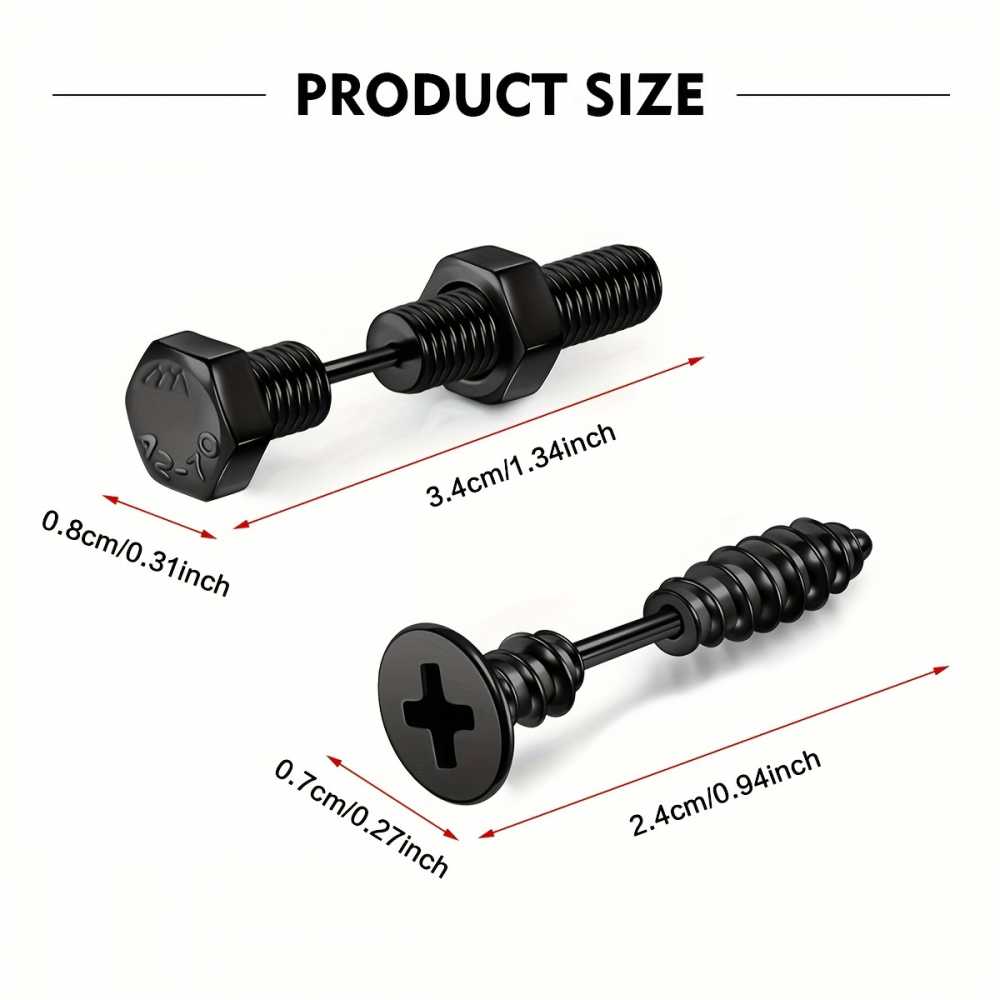 2pairs Stainless Steel Punk Screw Studs Earring For Men