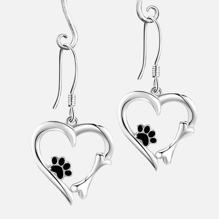 Silver Drop Earrings with Heart & Paw Design