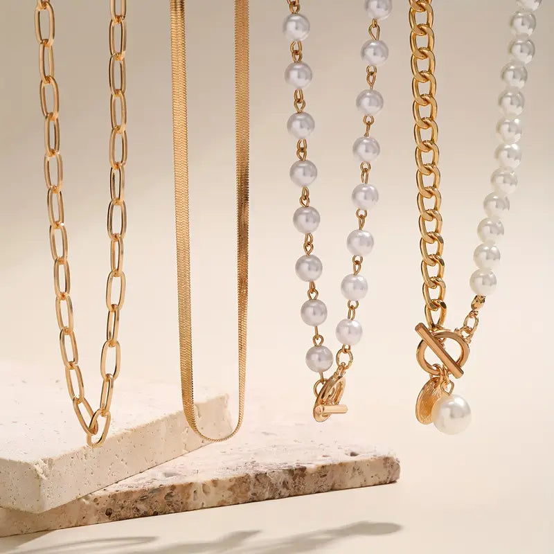 Elegant Pearl & Gold Snake Chain Necklace Set