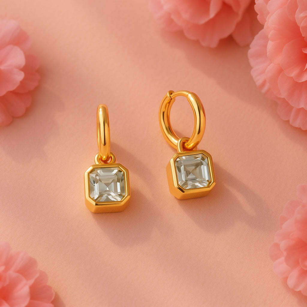 Green Amethyst Drop Hoop Gold Earrings