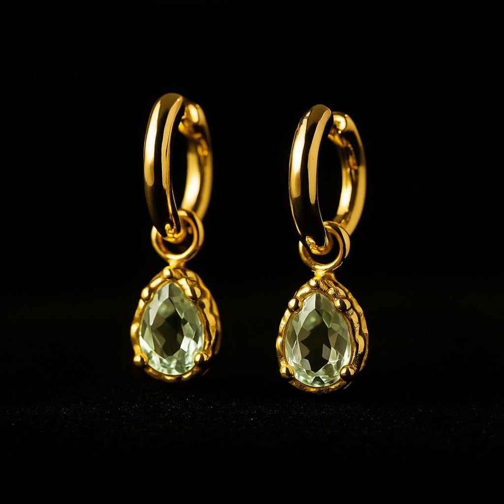 Green Amethyst Drop Hoop 14K Gold Earrings