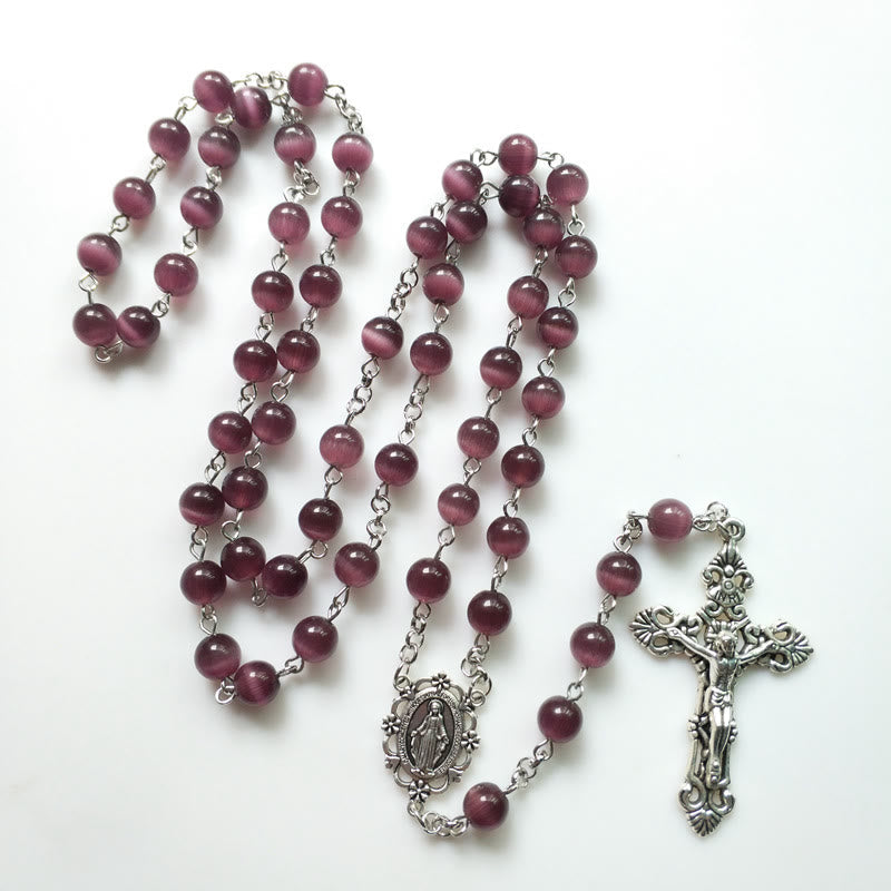 Olivenorma Purple Cat's Eye Stone Cross Rosary Necklace