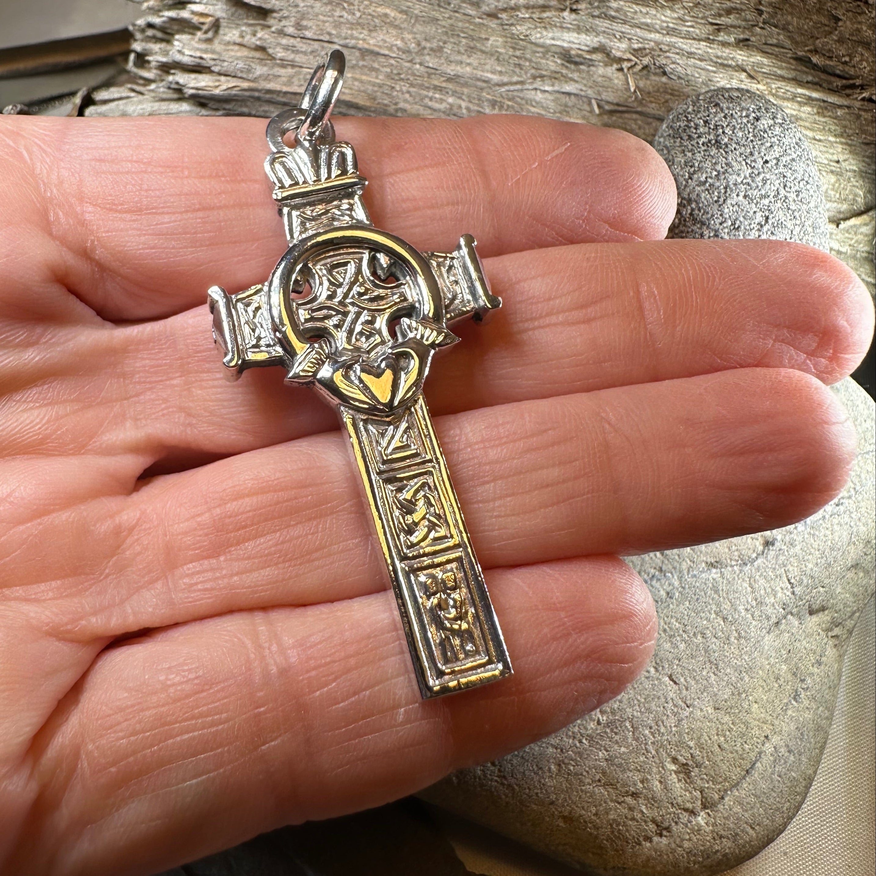 Large Artisan Irish Claddagh Cross Necklace