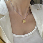 Olivenorma Natural Crystal Metal Plate Pendant Necklace