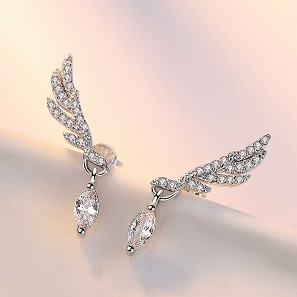 Women's Silver Plated Angel Wing Drop Stud Earrings