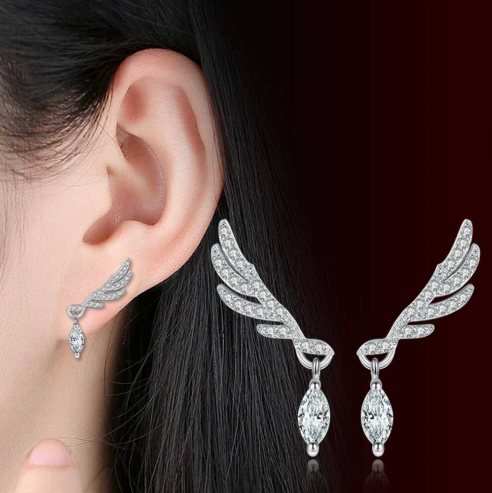 Women's Silver Plated Angel Wing Drop Stud Earrings