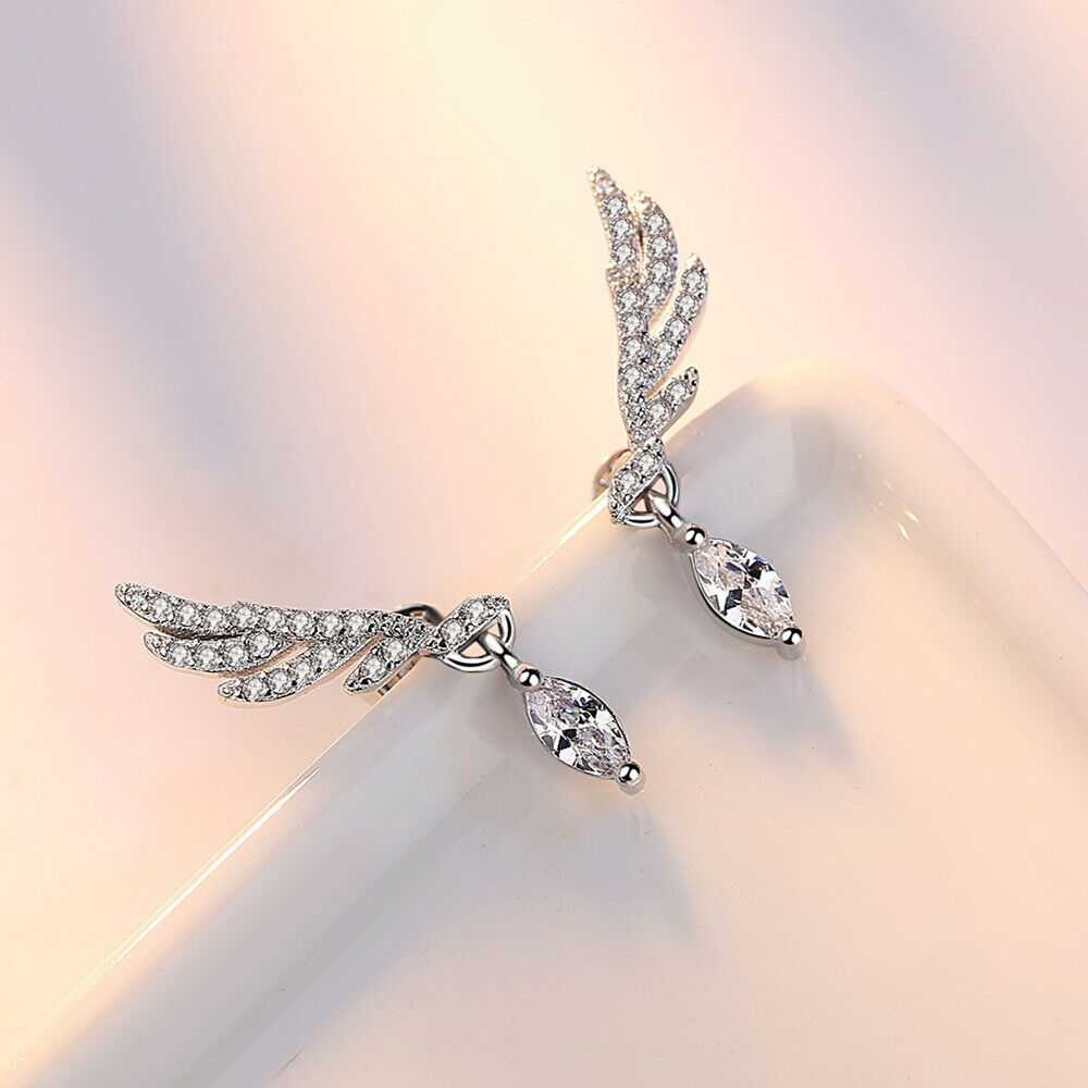 Women's Silver Plated Angel Wing Drop Stud Earrings