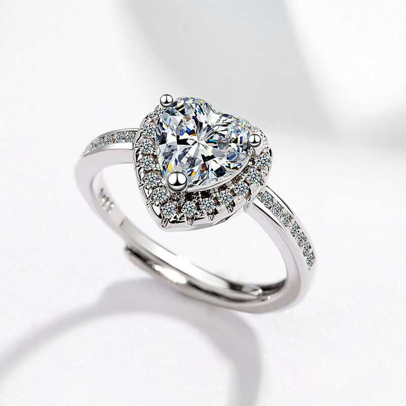 Women's Adjustable Zirconia Heart Silver Plated Ring