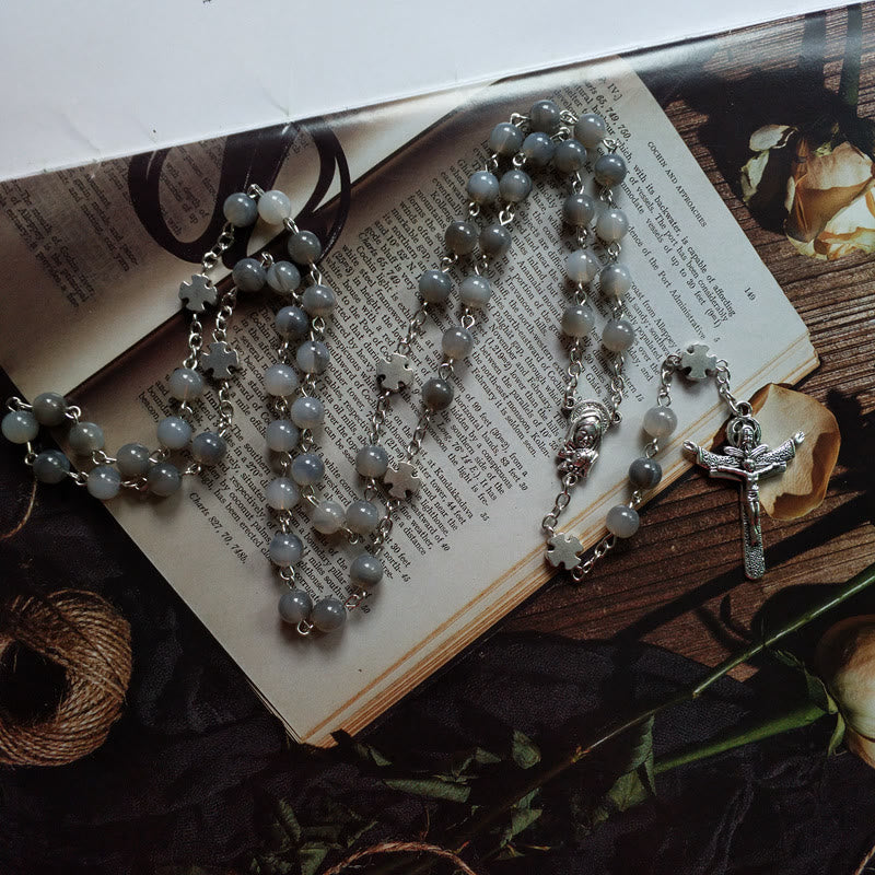 Olivenorma Gray Moonstone Jesus Cross Rosary Necklace