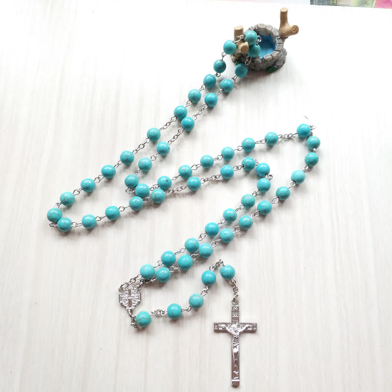 Olivenorma Turquoise Cross Charm Rosary Necklace