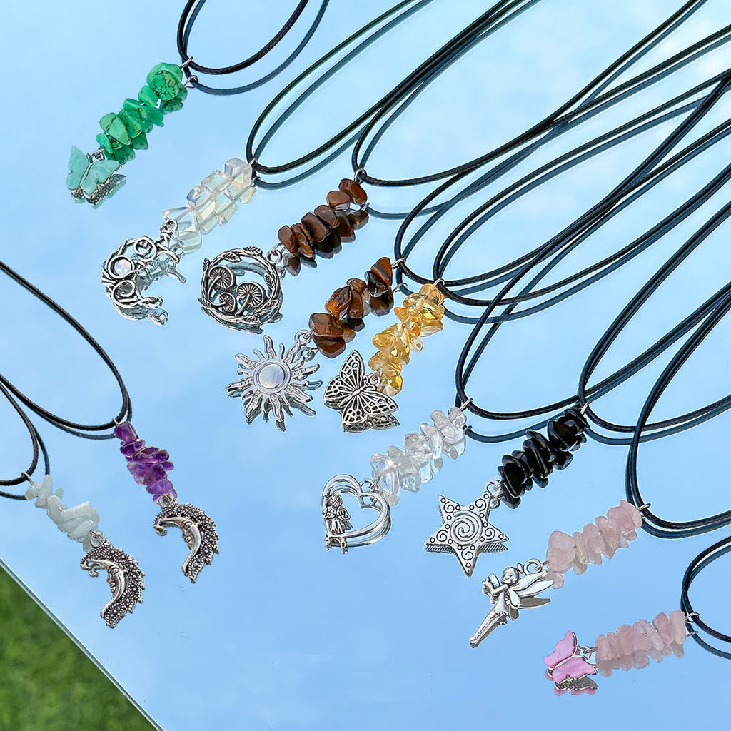 Olivenorma Natural Stone Butterfly Tassel Leather Wax Thread Necklace