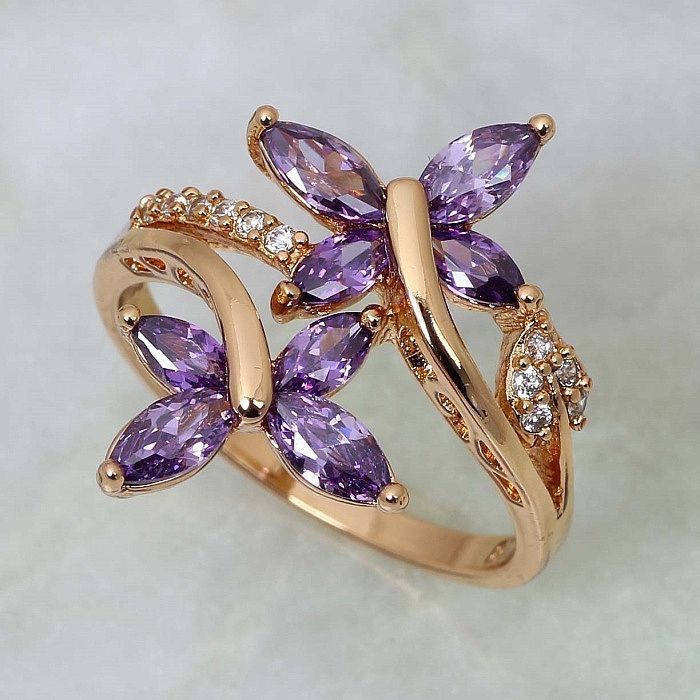 Violet Crystal Butterfly Gold Ring