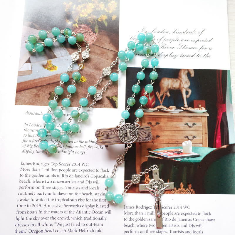 Olivenorma Amazonite Medal Cross Rosary Pendant Necklace