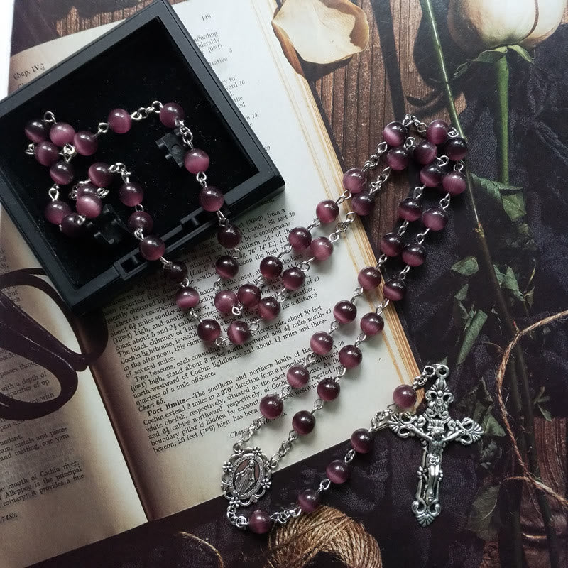Olivenorma Purple Cat's Eye Stone Cross Rosary Necklace