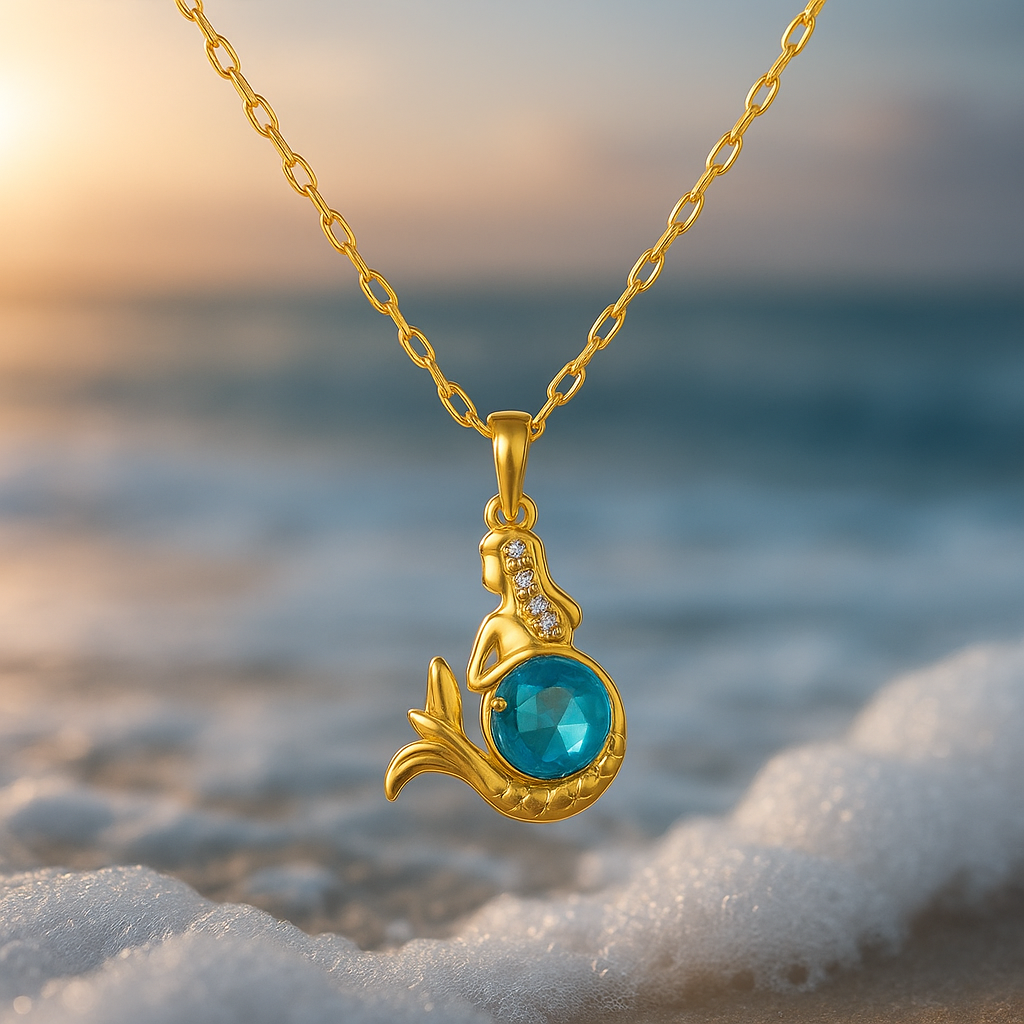 Golden Mermaid Blue Crystal Necklace