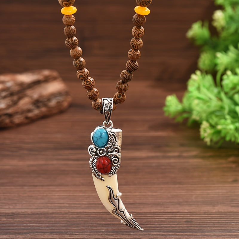 Vintage Wooden Bead Pendant Necklace with Tribal Charm Unisex Jewelry