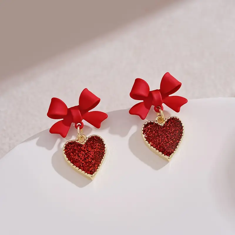 Vintage Bright Red Heart Tie Earrings