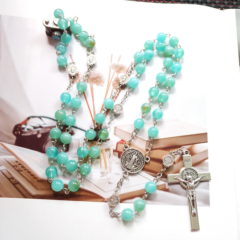 Olivenorma Amazonite Medal Cross Rosary Pendant Necklace