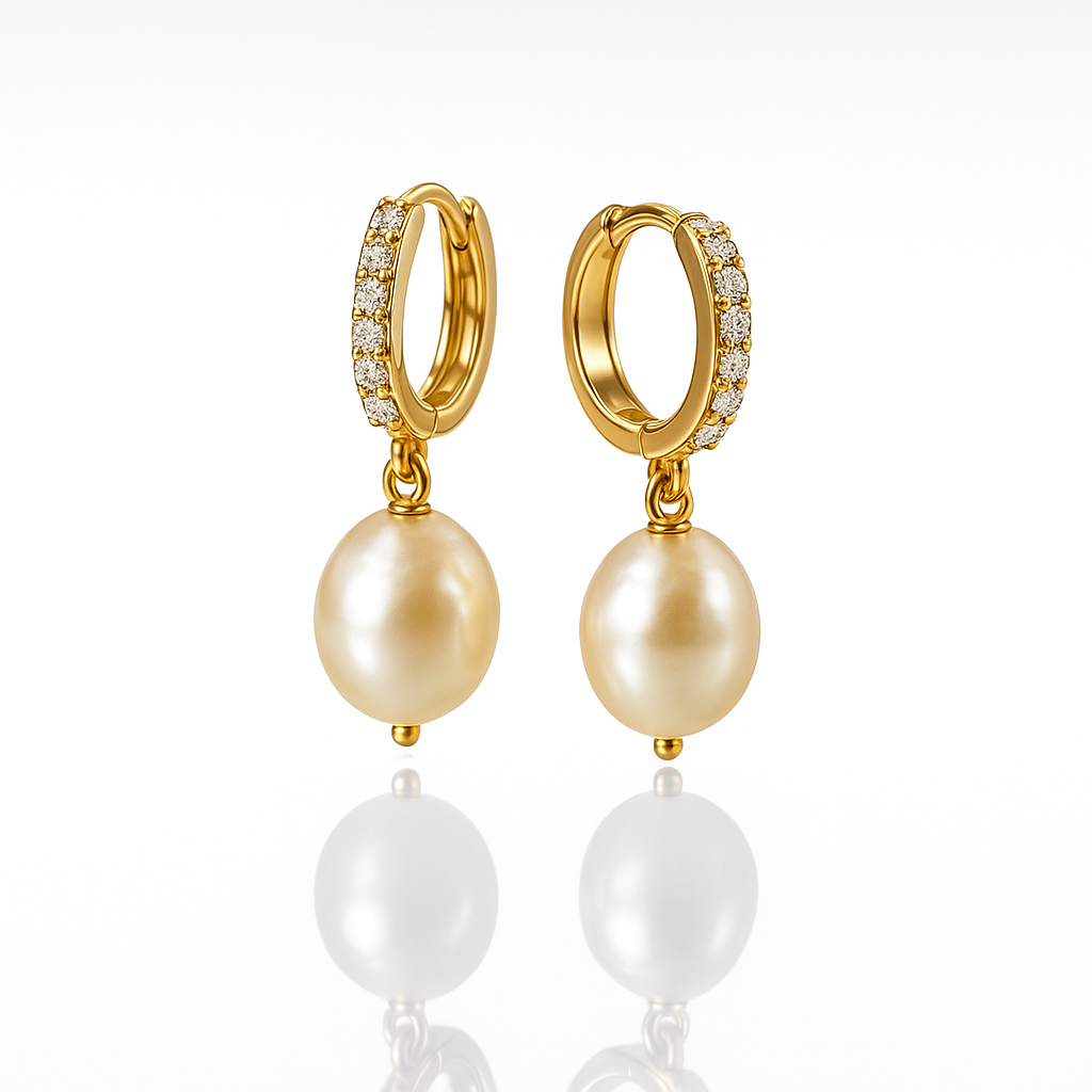 Pave Pearl Drop 14K Gold Hoops