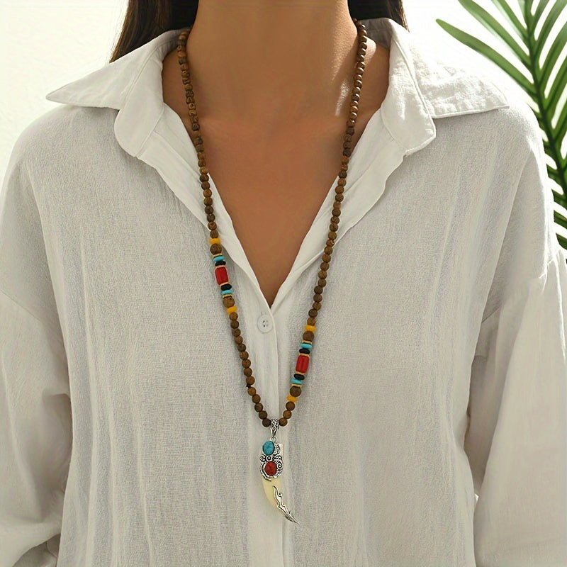 Vintage Wooden Bead Pendant Necklace with Tribal Charm Unisex Jewelry