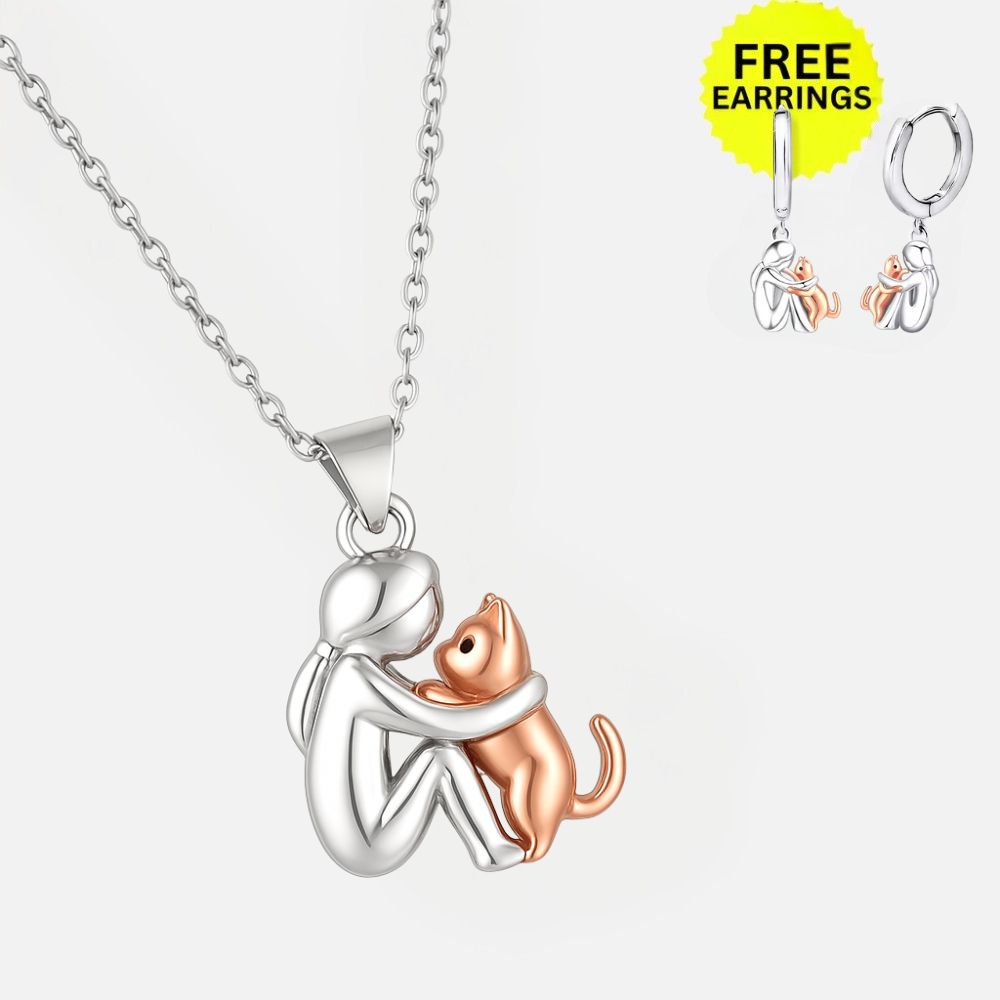 Cat Hug Pendant Necklace with Bonus Earrings ��������������������������� Limited Time Offer