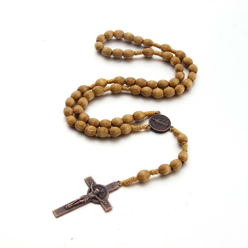 Olivenorma Knitted Vintage Cross Wood Rosary Necklace