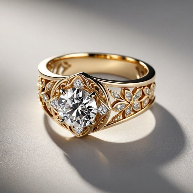 Exotic Hollow Floral Crystal Gold Ring