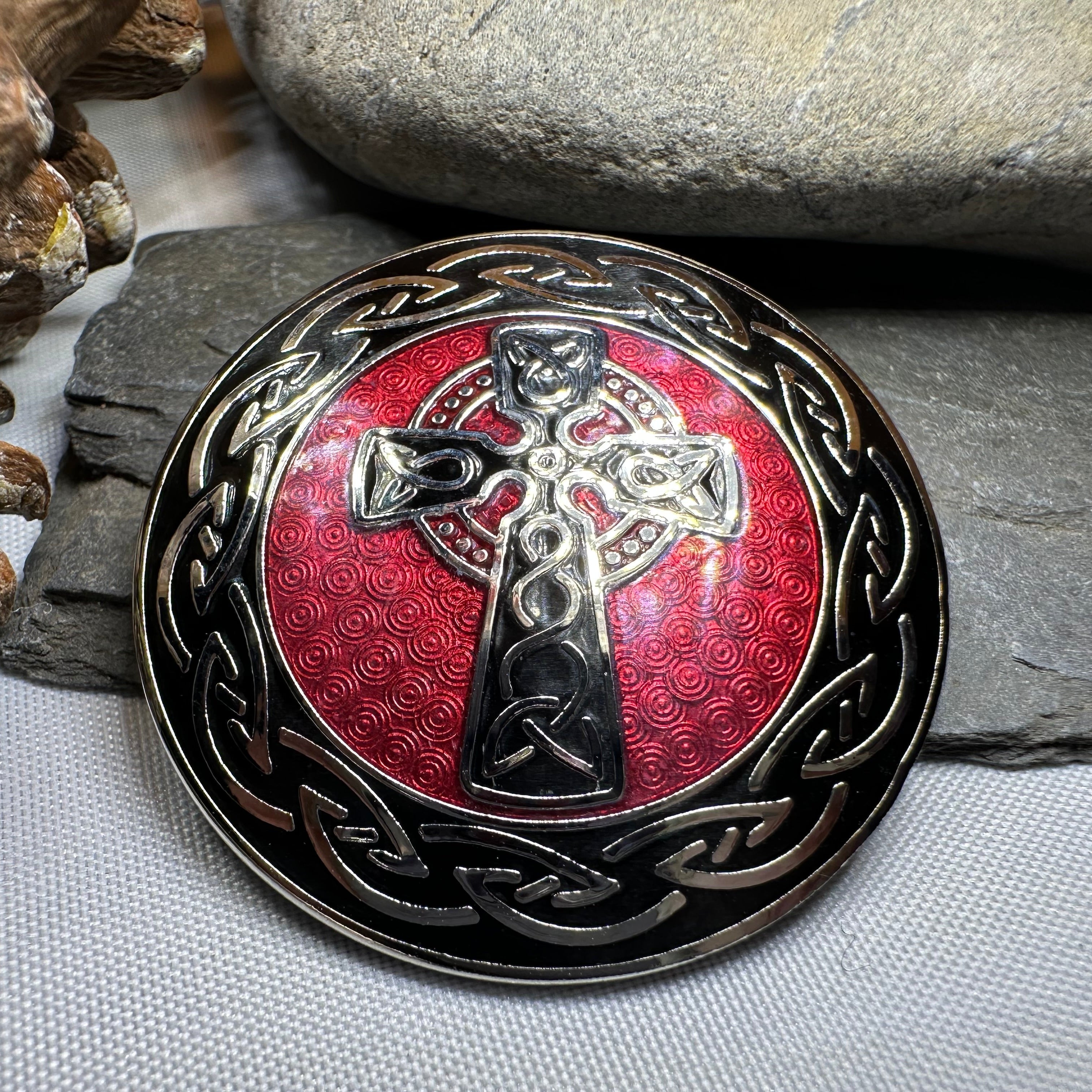Enamel Celtic Cross Round Brooch