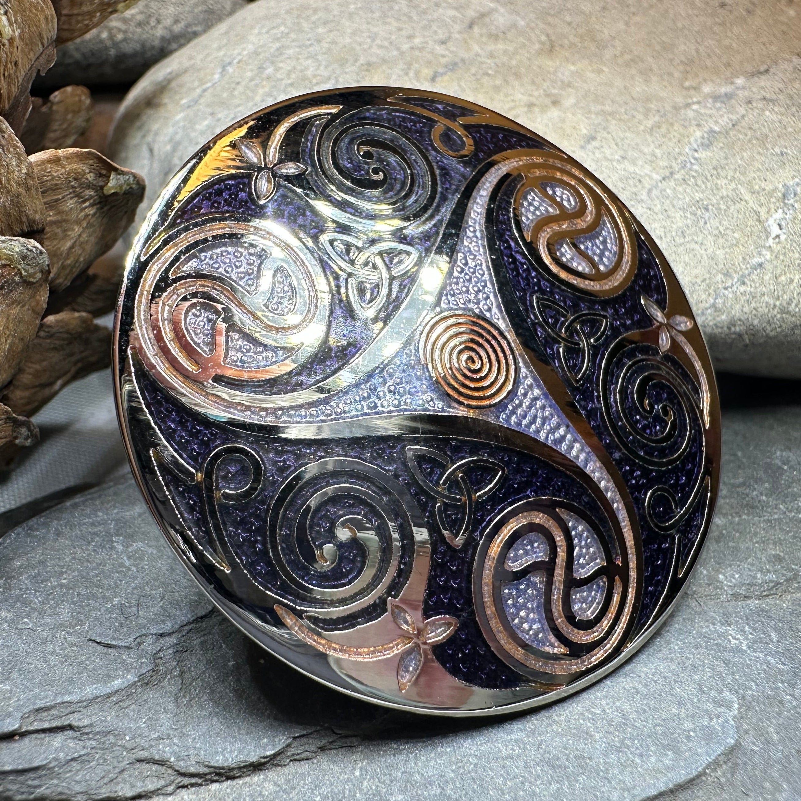 Round Enamel Triskele Knot Brooch